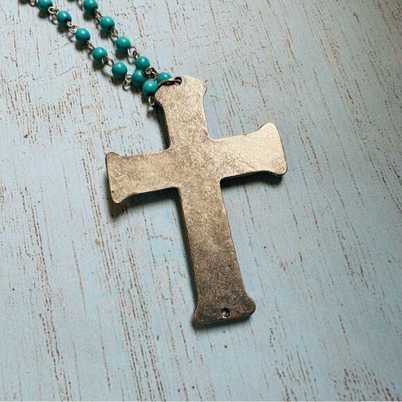 Silver Crystal Turquoise Beaded Rosary Link Long Necklace - Picture 3 of 3